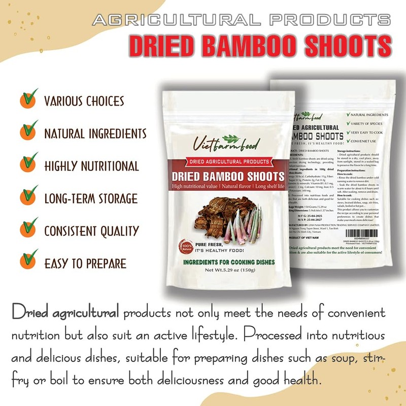 DRIED BAMBOO SHOOTS 5.29 Oz (150g) VIETFARMFOOD: Dried agricultural products