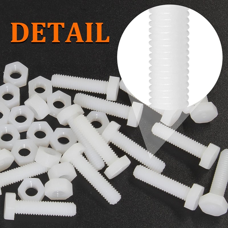 Piutouyar 20 Pair M6x25mm White Nylon Hex Bolts Plastic Hex