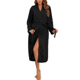 Vlazom Waffle Dressing Gowns Lightweight Kimono Robe Cotton Soft Bathrobe for All Seasons Spa Hotel Nursing Pregnancy Black,XL