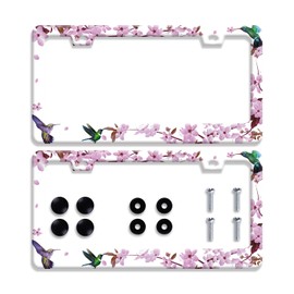 2Pcs Hummingbird Flowers License Plate Frame Beautiful Bird Floral Plate Holder Stainless Steel Rust-Proof Auto Parts Colorful License Plate Cover Decoration with 2 Screws Size 12.3" x 6.3" Men Women