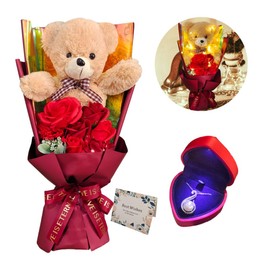 Eightown Preserved Rose Bouquet Flowers with Teddy Bear - Red Roses Artificial Flowers with Pearl Necklace for Her - Love Gift Mother's Day,Valentine's Day,Birthday (RED)