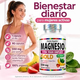 Magnesio Complex Fem| Citrato de Magnesio con Ácido Fólico, Vitamina C y vitamina D | Bienestar Diario | Purely Organics | 90 Cápsulas