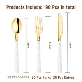 N9R 90pcs Gold and White Disposable Silverware, Elegant Plastic Silverware with White Handle Include 30 Forks, 30 Spoons, 30 Knives, High End Disposable Cutlery for Wedding, Party and Daily Use