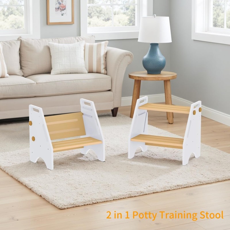 Toddler Step Stool, Wooden Height-Adjustable 2 Step Stool for Kids,