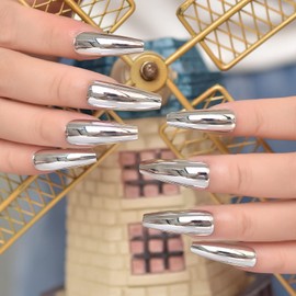 Super Long Shiny Punk Style Silver Coffin Ballerina Press on False Nails Metallic Acrylic Nails Reflective Mirror Nail Art Tips for party show