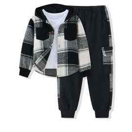Auiopila Kids Toddler Boy Clothes Plaid Hooded Shirt White T-shirt Top and Solid Color Pants 3Pcs Winter Boys Outfits