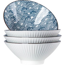 Yuanlity 38 oz Japanese Ramen Bowl Set of 4 - Large 8 Inch Ceramic Soup Bowls, Blue and White Japanese Noodle Bowls for Pho, Ramen, and Salad - Wave Patterns
