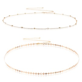 Gold Waist Chain, 2 Pcs Adjustable Metal Link Belly Chain Waterproof Bikini Waist Beads Coin Satellite Beads Body Chain Jewelry for Women