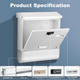 KINGCEPHAS Outside Wall-Mounted Mailbox with Combination Lock and Newspaper Holder, Large Capacity, Waterproof Postbox with Newspaper Compartment, High Rust Resistance Letterbox (White)