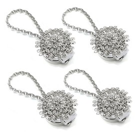 Sumnacon® 4 Packs Crystal Curtain Magnetic Tieback Flower Curtain Clips Buckle with Stretchy Wire Rope for Home Office Decoration (4 Pcs Silver Peacock)