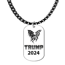 Trump 2024, American Flag Eagle Silvertone Dog Tag On A Black Anodized Box Necklace, 18-21 Inches, What A Wonderful Gift For Yourself, Or A Friend, Or A Family Member Or As A Donor Gift.Hypoallergenic