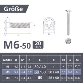ORTAVA Carriage Bolts M6 x 50 Galvanised DIN 603 (Pack of 20) with Hex Flange Nut, Carbon Steel, Round-Head Screws