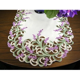 BANBERRY DESIGNS Embroidered Table Runner with Lavender Lilac Flowers on Cream, 14 by 54 Inch, Machine Washable