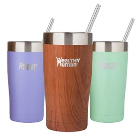 Healthy Human Stainless Steel Tumbler with Straw & Lid | Splash Proof Insulated Travel Cup | Eco-Friendly Coffee Tumblers | Water Cups with Straws Cleaner and Splash Proof Lids (20oz, Natural Wood)