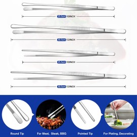 Professional Stainless Steel Tweezers Set, 25-30 cm Length, 4-Piece, Serrated Tips for Cooking and Crafting