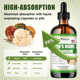 JUYIHEAL Lions Mane Liquid - Lions Mane Supplement - Brain Support, Energy, Memory & Focus - Sugar & Alcohol-Free Lions Mane Tincture - 4 Fl OZ, 4 Month Supply