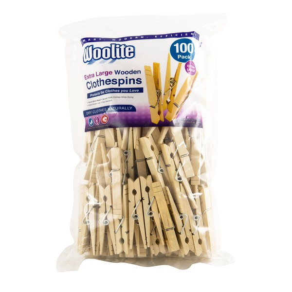 Woolite Extra Large Wooden 100 Pack Clothespins| Dimensions: 0.4 x 0.43 x 3.25 inches| Perfect for Indoor and Outdoor Use| Great for Hanging Clothes, Art & Crafts| Bags, Rust Resistant