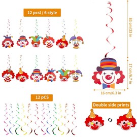 Pack of 12 Spiral Garlands with Clown Motif, Carnival Streamers for Ceiling Hangers, Hanging Decoration, Party Decoration, Hanging Garlands, Clown Garland, Carnival, Garland Spiral Garlands, Circus