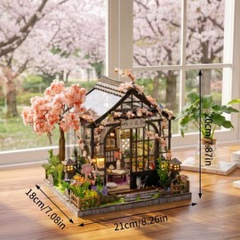 DIY Miniature House Kit, Fairy Dollhouse for Adults to Build, Mini Home Building Kit with Wooden Furniture & LED Lights,Garden Detials, Gift for Family and Friends (Spring Sakura Greenhouse)