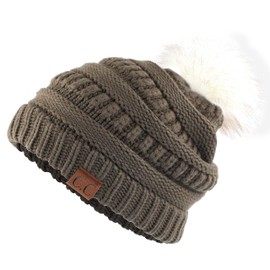 C.C Hatsandscarf Women's Snuggly Soft Yarn Beanie with Soft Faux Color Fur (HAT-7002) Military Olive White