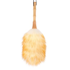 FeelfunFeather Feather Duster, Lambswool Duster for Cleaning,with Solid Wooden Handle,Leather Hang Strap,Anti-Static 14.9 inch Washable Reusable Small Hand Duster(Natural) for Office, Home and Car