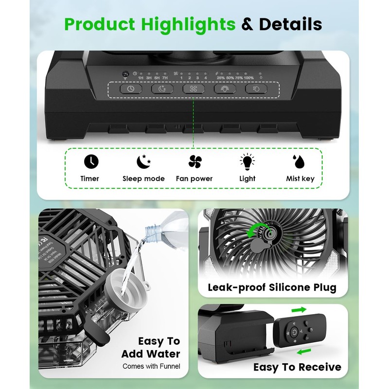 Camping Misting Fan - 30000mAh Portable Battery Powered Fans with