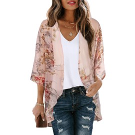 Womens Symmer Tops Kimono Chiffon Casual Cardigan Beach Cover Up Flowy Jackets (Flowers Pink, XL)