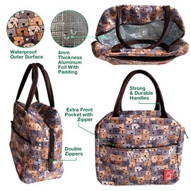 FLOCK THREE Waterproof Insulated Reusable Lunch Bag Food Drinks Container with Front Padded Pocket Double Zippers For Kids Men Women Work School Picnic Cute Dogs