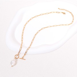 TaYolnFaSo Gold Paperclip Toggle Necklace Pendant for Women Natural Gemstone Pearl Cubic Zirconia Paper Clip Chain Necklace Toggle Paper Clip Jewellery Gift for Women, Stainless Steel, No Gemstone