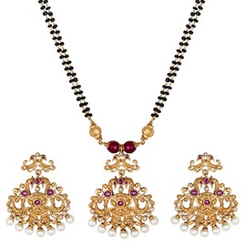 Aheli Indian Traditional Mangalsutra Peacock Design Crafted Necklace Earrings Set Ethnic Wedding Fashion Daily Wear Jewelry Gift for Women