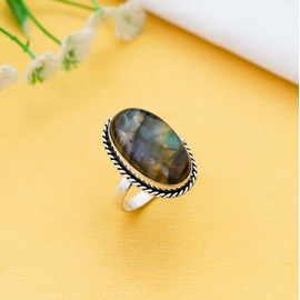SMB Arts Crystal Products Natural Labradorite Ring Set for Women,Vintage Joint Knuckle Stackable Rings Oval Gemstone Ring