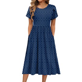 HOTOUCH Womens Spring Dress 2025 Beach Boho Dress Crewneck Aline Midi Dress Flowy Dress Casual Loose Swing Shift Dress with Pockets
