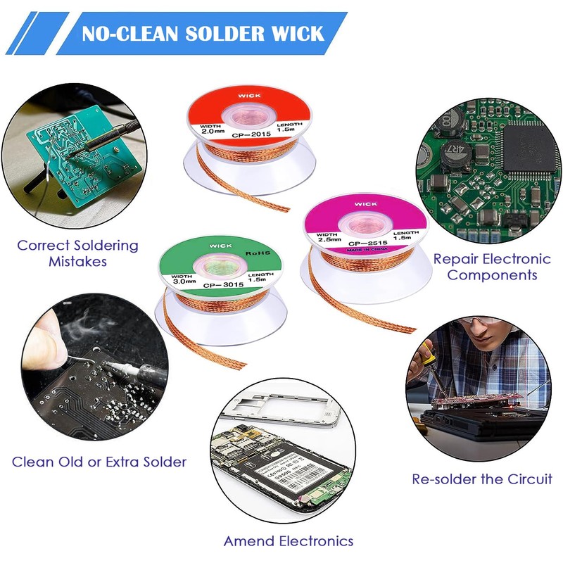 6 Pcs Solder Wick Solder No-Clean Braid Wick Set, 1.5
