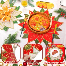Preboun 8 Pcs Christmas Poinsettia Placemats Double Layer Placemats Christmas Embroidered Placemats 16 Inch Christmas Flower Placemat for Home Dining Holiday Christmas Table(Red and Green)