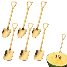 FansQ 6 Stainless Steel Spade Spoons, Scoop Shaped Creative Shovel Mesh Red Spoon, Watermelon Spoon, Milk Tea, Coffee, Sugar Spoon, Ice Dessert Spoon (Golden)