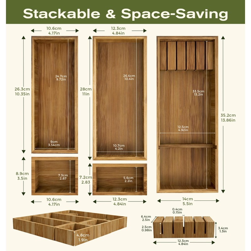 KOCWELL Bamboo Silverware Drawer Organizer with Knife Block, 5 Removable