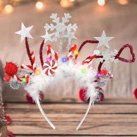 Mecctuck Christmas Headpiece, Christmas Headbands, Christmas Headband with Luminous Feather, Glittering Snowflakes Star, Christmas Hair Accessories for Girls Women Christmas Party Accessories