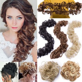 Messy Long Hair Bun Maker Versatile Hair Curly DIY Ponytail Extensions Synthetic Hair Tousled Updo Fluffy Hair Chignon Wrap Around Scrunchies Hair Band Ombre 2 Tones Ash Blonde mix Bleach Blonde