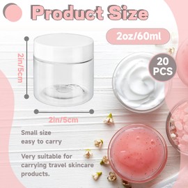 20 Pcs 2 Oz Clear Cosmetic Container with White Lids,Travel Storage Clear Empty Cosmetic Jars,Plastic Round Pot Jars for Eye Shadow,Lotion,Cream,Jewelry,Painting,Candies,DIY Ointments