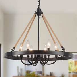 6-Light Wagon Wheel Chandelier Black Farmhouse Chandeliers for Dining Room Light Fixture Round Chandelier Hanging Lights for Living Room Bedroom Kitchen Island Entryway Foyer,Height Adjustable,E12