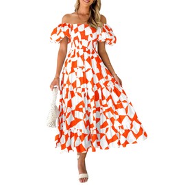PRETTYGARDEN Women's 2025 Summer Boho Midi Dress Off Shoulder Puff Sleeve Print Smocked Ruffle Beach Long Flowy Dresses (Orange,Large)