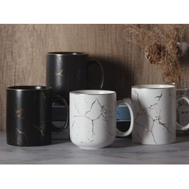 SHOWFULL 650ml Luxus Goldmuster Inlay Exter Große Tasse, Klassische Keramik Marmor Teetasse mit Griff für Männer und Frauen, Mattweiß