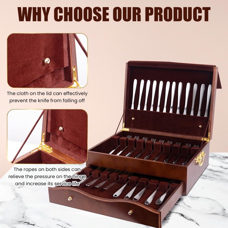 Silverware Storage Box,2 Layers Wooden Silverware Chest with Drawer,Silverware Case