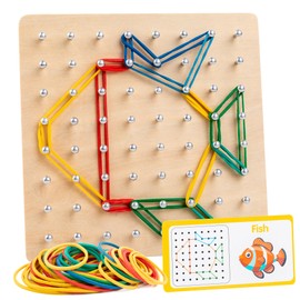 Montessori Wooden Geoboard for 3-5 Year Olds - Toddler Educational STEM Toy with 30 Double-Sided Pattern Cards & 40 Rubber Bands, Brain Teaser for Creating Shapes/Figures, Learning Toy for Kids