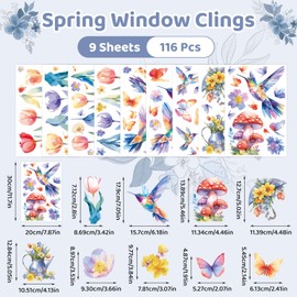 DC-BEAUTIFUL 116 PCS Spring Window Clings, 9 Sheets Double-Sided Hummingbird Butterfly Flower Easter Window Stickers, Reusable Static Floral Window Decals for Home School Office Party Decors