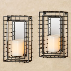 Touch of Class Wire Grid Mirrored Wall Sconces - Set of Two - Metal, Glass - Gray - Industrial Sconce Pair for Bedroom, Dining Room, Living Room, Foyer, Hallway, Entryway, Man Cave