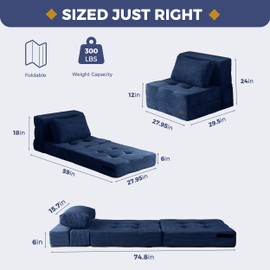 MAXYOYO Convertible Sofa Bed, Fold Out Single Sleeper Sofa with Pillow, 4 in 1 Tufted Folding Couch Bed Foam Floor Couch, Lazy Chair for Living Room Bedroom Guest Room, Navy