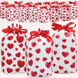 BASHOUT Valentines Day Drawstring Treat Bags | 36 Pcs Valentines Day Party Pack | 6” x 9” Drawstring Candy and Gift Pouches | 3 Adorable Valentines Heart Designs | Office, Classroom Party Goodie Bags
