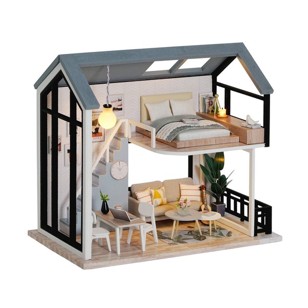 DIY Miniature Dollhouse Kit Handmade Wooden Dolls House & Furniture Kit 1:24 Scale Creative Doll House Toys Nordic Apartment Model (Meet Happiness)