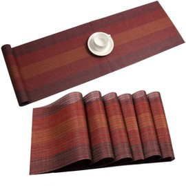 Placemats with Table Runner Set Vinyl Woven Insulation Heat Resistant Kitchen Table Mats for Family Dinner,Outdoor or Indoor Parties,Farmhouse,Thanksgiving,Christmas & Gathering(Colorful Red)